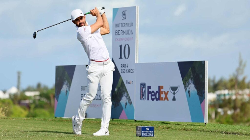 PGA Tour pro Camilo Villegas plays his shot from the tenth tee during the third round of the 2023 Butterfield Bermuda Championship.