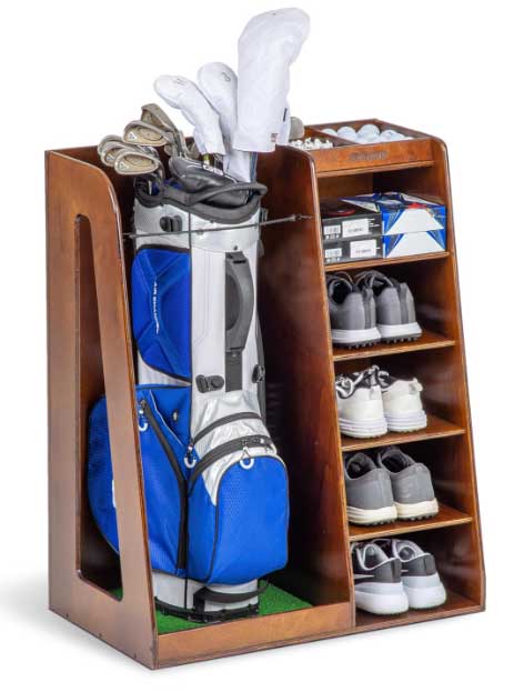 a rack for a golf bag and golf shoes