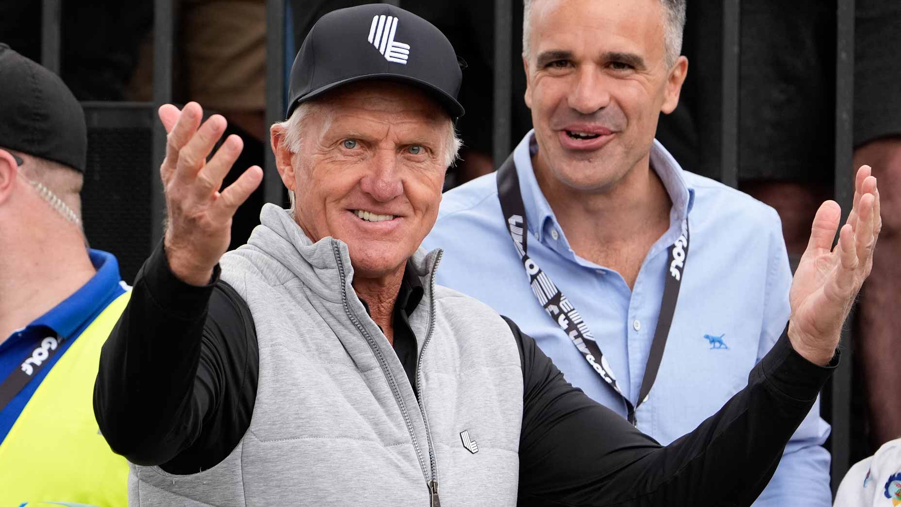 Greg Norman raises hands during LIV Adelaide at The Grange Golf Club on April 26, 2024 in Adelaide, Australia.