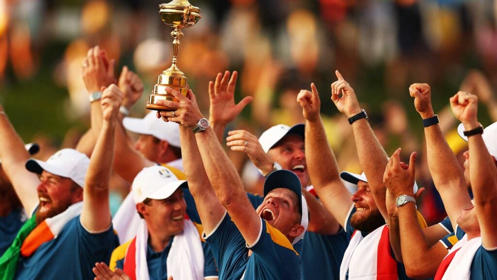 European Ryder Cup captain Luke Donald lifts the trophy after his squad won at Marco Simone Golf Club on Oct. 1, 2023 in Rome, Italy.