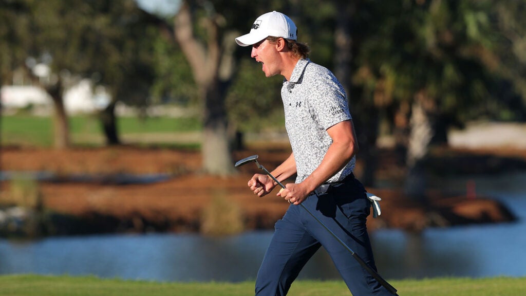 maverick mcnealy celebrates his winning putt at the rsm classic