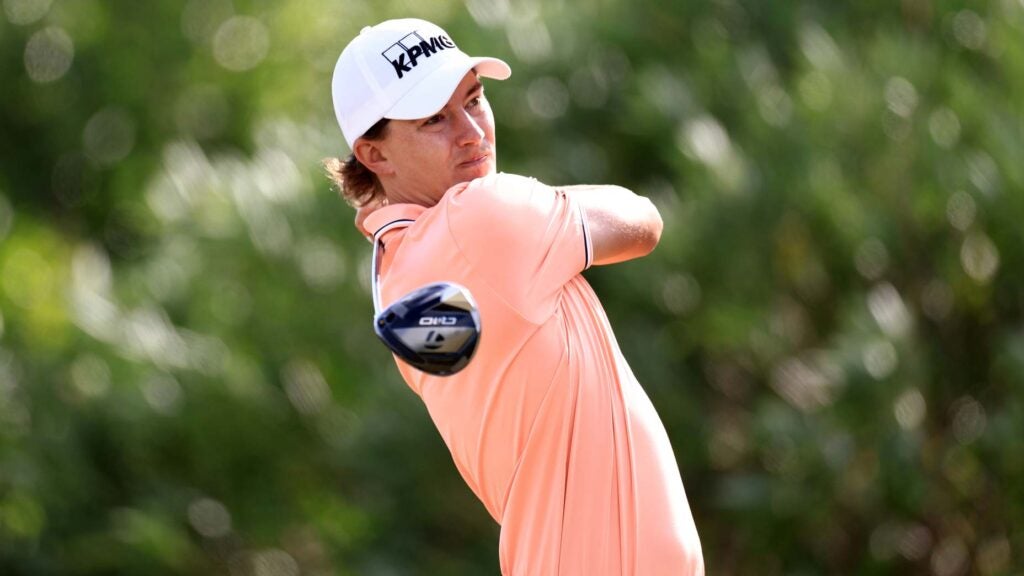 Pro golfer Maverick McNealy plays his shot from the fourth tee during the first round of the Butterfield Bermuda Championship 2024 at Port Royal Golf Course.