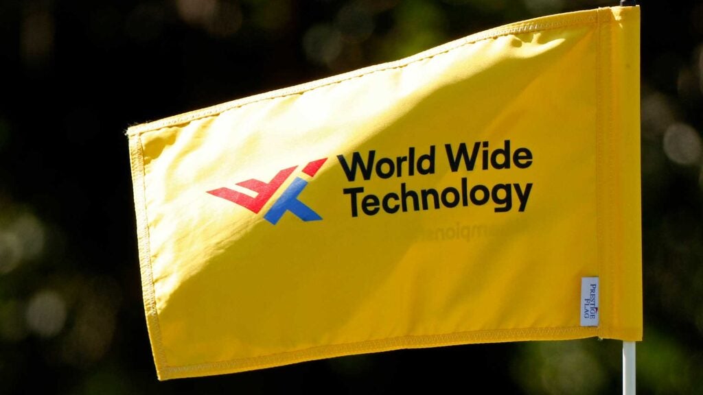 A World Wide Technology Championship flag is displayed during the second round of the World Wide Technology Championship at Mayakoba on El Camaleon golf course on November 05, 2021 in Playa del Carmen, Mexico.