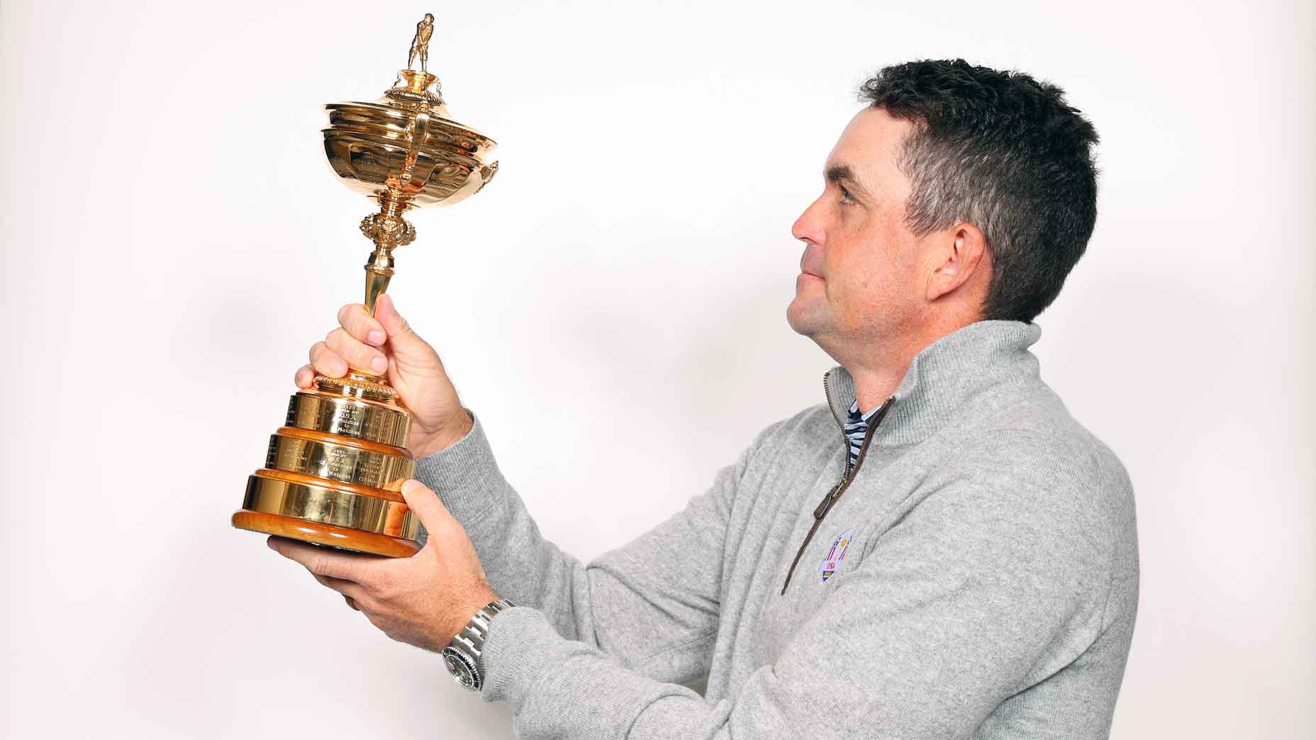 Keegan Bradley of The United States poses for a photograph with the Ryder Cup Trophy during the Ryder Cup 2024 Year to Go Media Event at The Langham Hotel on October 08, 2024 in New York, New York.