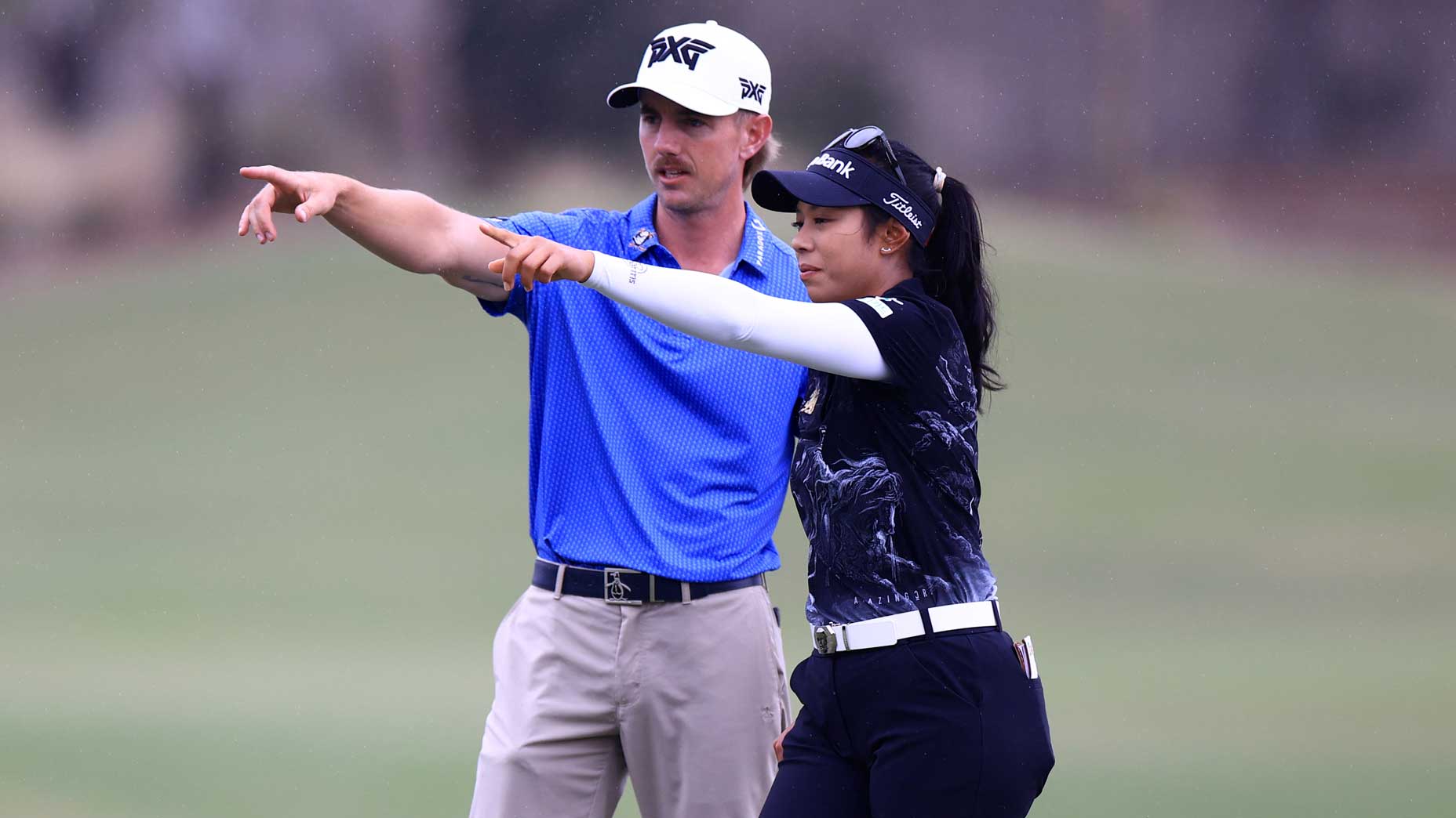 Patty Tavatanakit and Jake Knapp prepare to putt on the fourth green on Saturday at the 2024 Grant Thornton Invitational at Tiburon Golf Club.