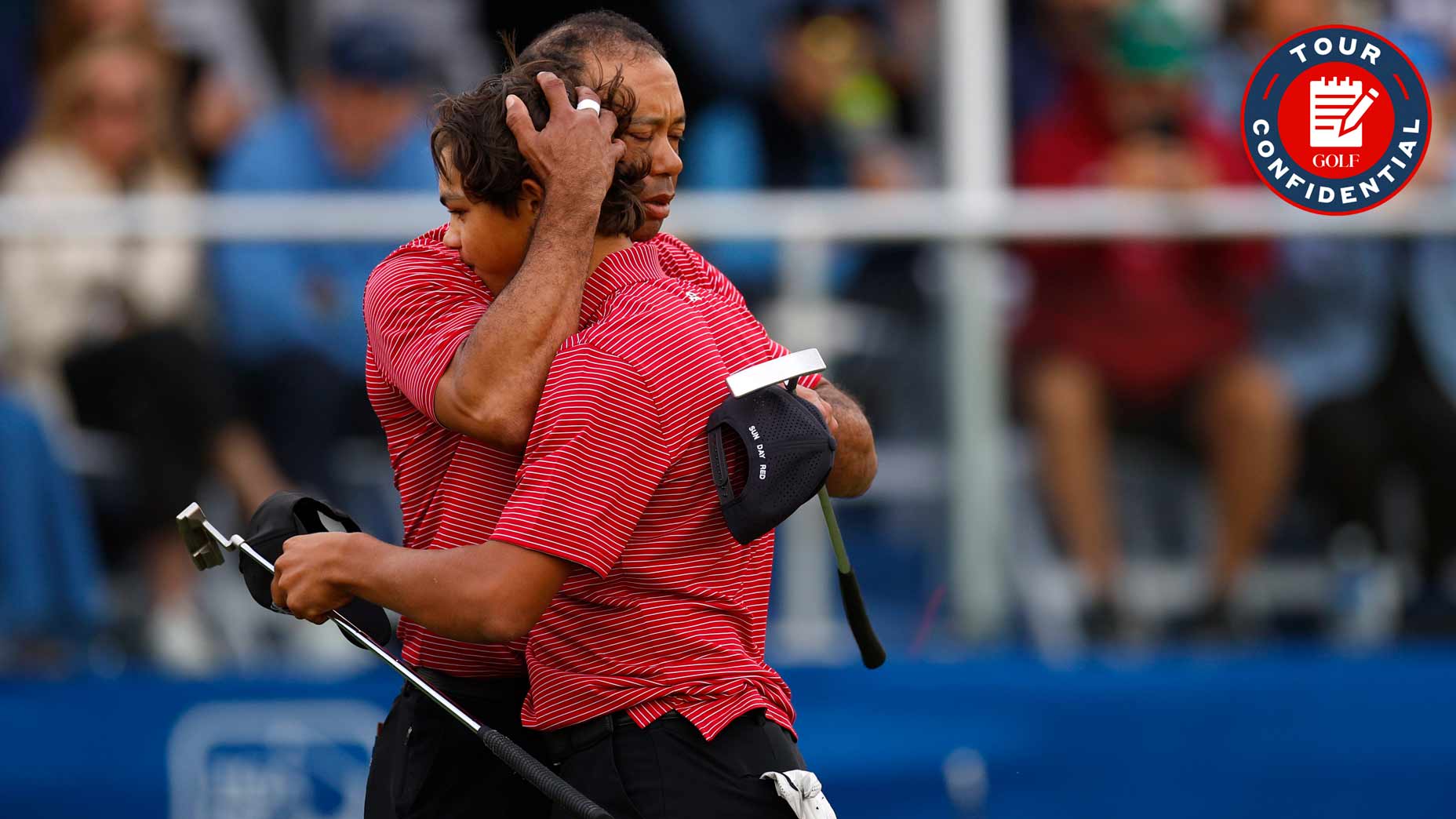 Tiger Woods of the United States hugs his son Charlie Woods after their round on 18th green during a sudden-death playoff during the second round of the PNC Championship at Ritz-Carlton Golf Club on December 22, 2024 in Orlando, Florida.