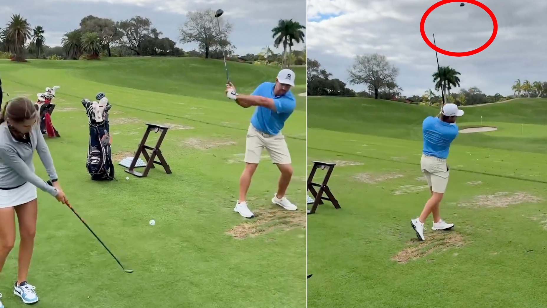 Bryson DeChambeau and Kai Trump attempt a trick shot in a new viral video clip.