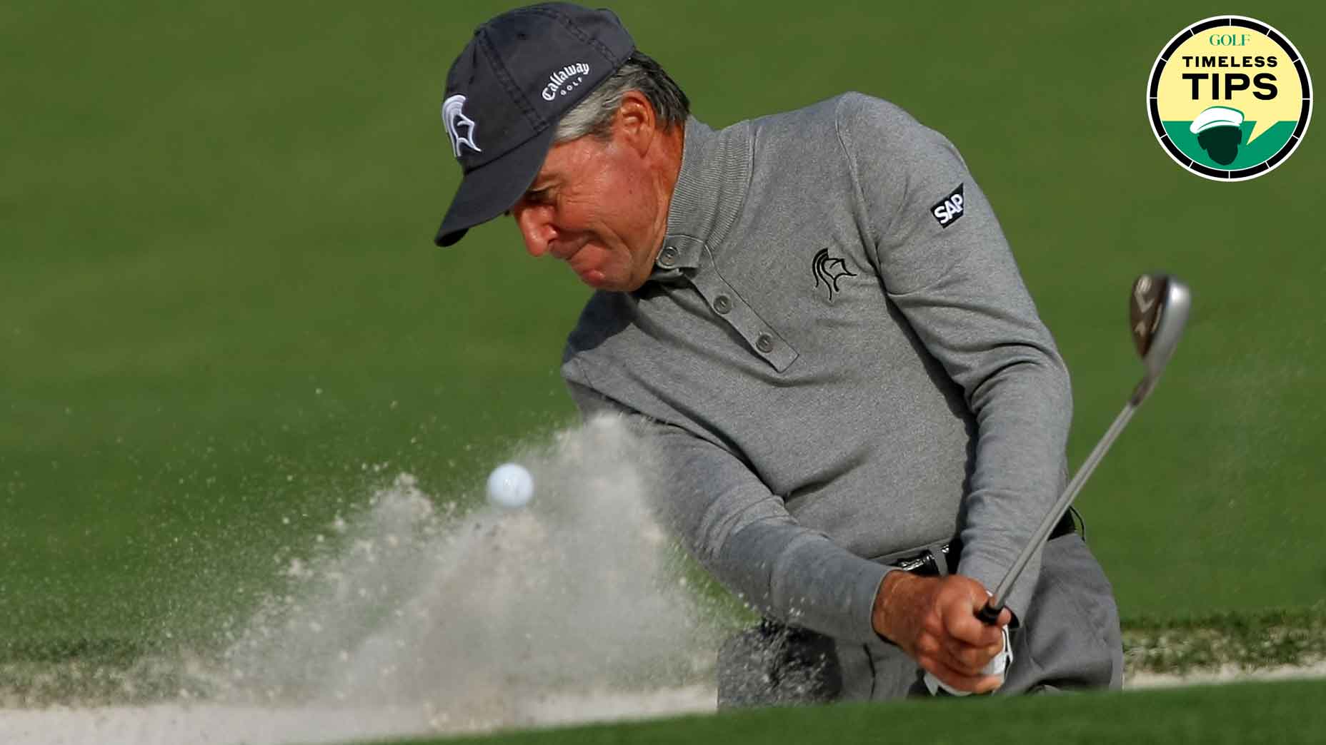 gary player hits a bunker shot during the 2008 masters