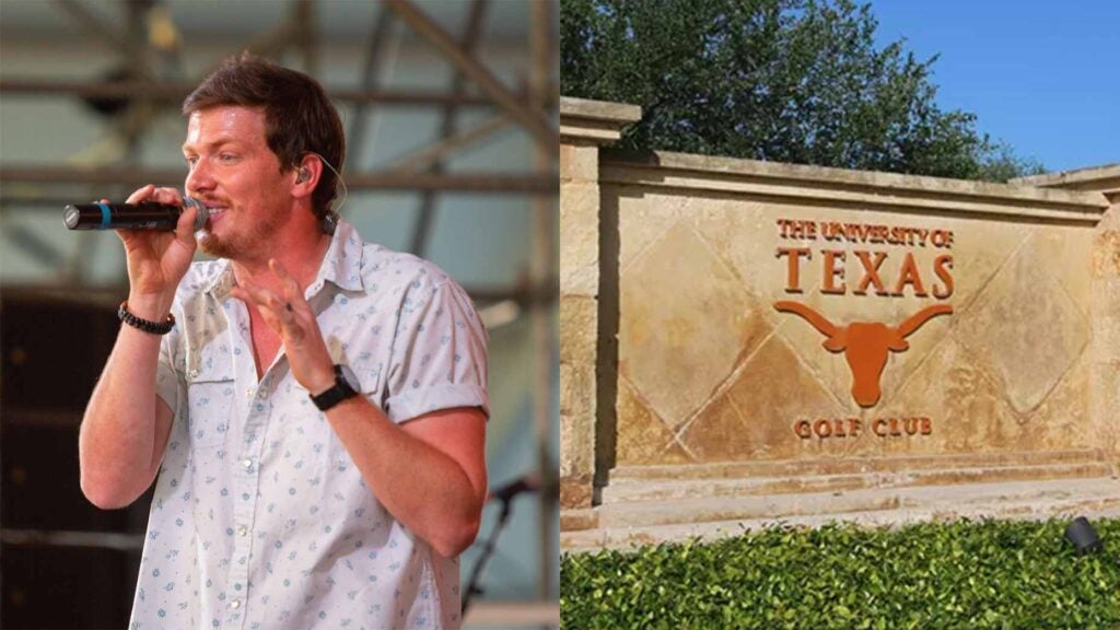 george birge sings into microphone / sing at entrance to ut golf club