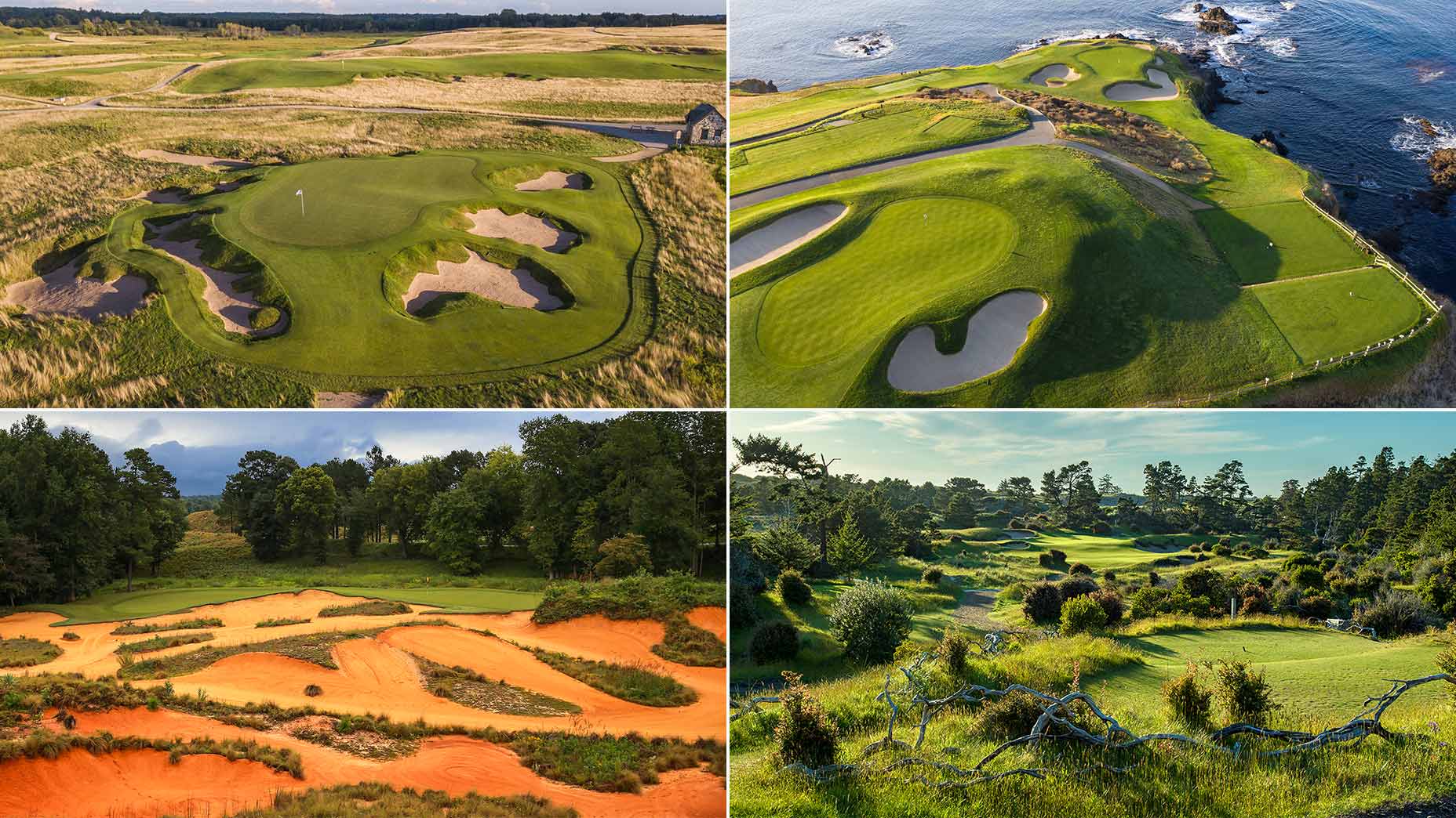 From top right, clockwise: Pebble Beach Golf Links, Bandon Trails, Tobacco Road, Erin Hills.