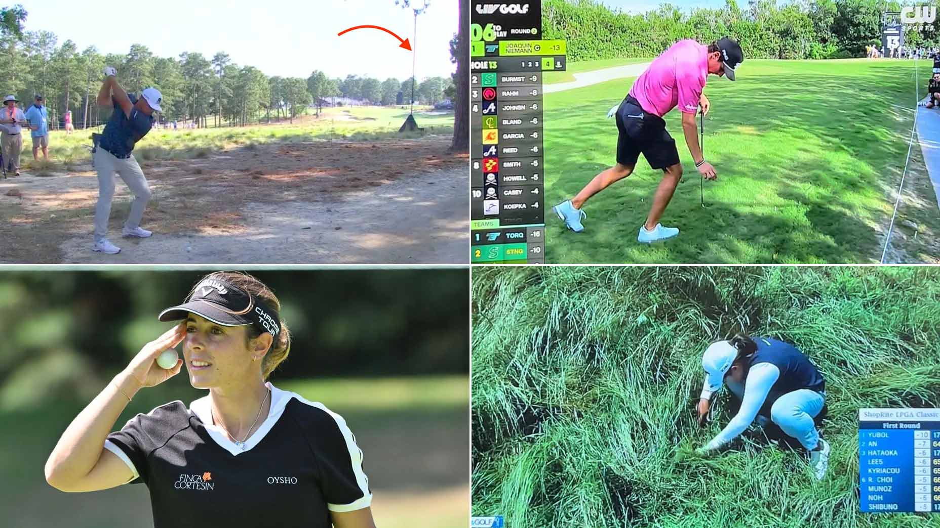 Four images of four different pro golfers during weird rules scenarios in 2024.