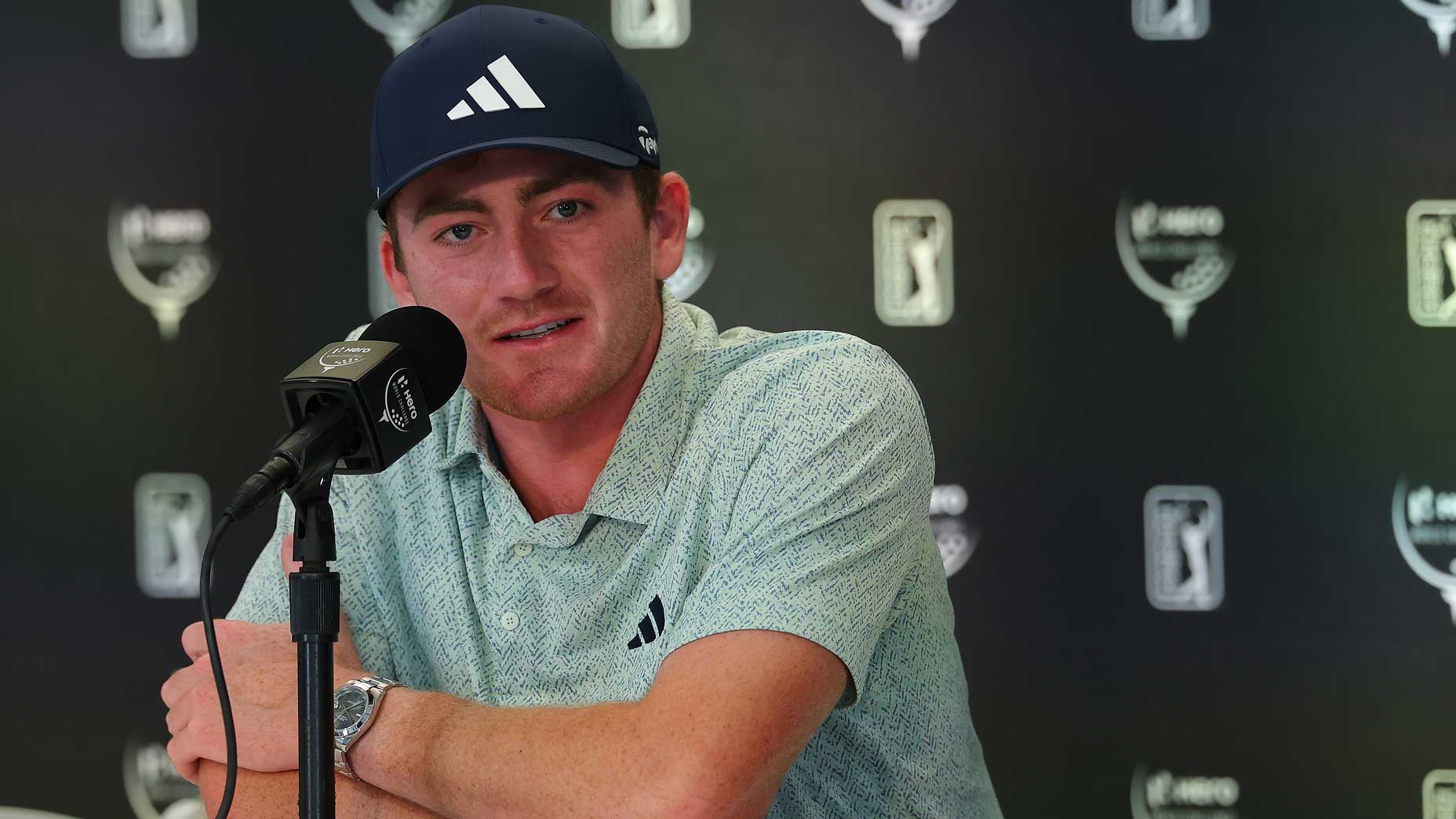 PGA Tour pro Nick Dunlap speaks to the media during a press conference prior to the 2024 Hero World Challenge at Albany Golf Course.