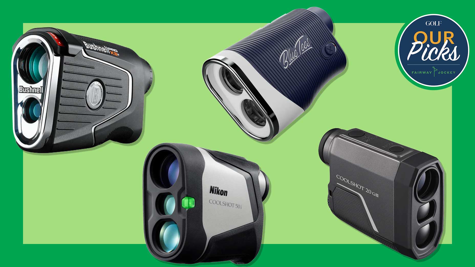 Four golf rangefinders arranged on a green background