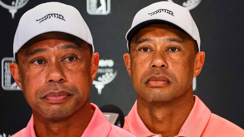 two images of tiger woods with a stare at his press conference at the hero world challenge