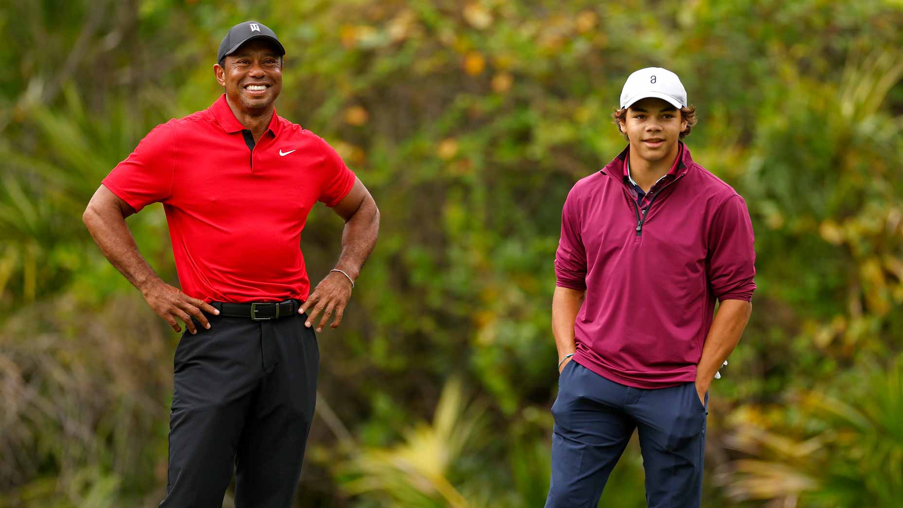 Tiger Woods and Charlie Woods laugh during the final round of the 2023 PNC Championship at The Ritz-Carlton Golf Club.