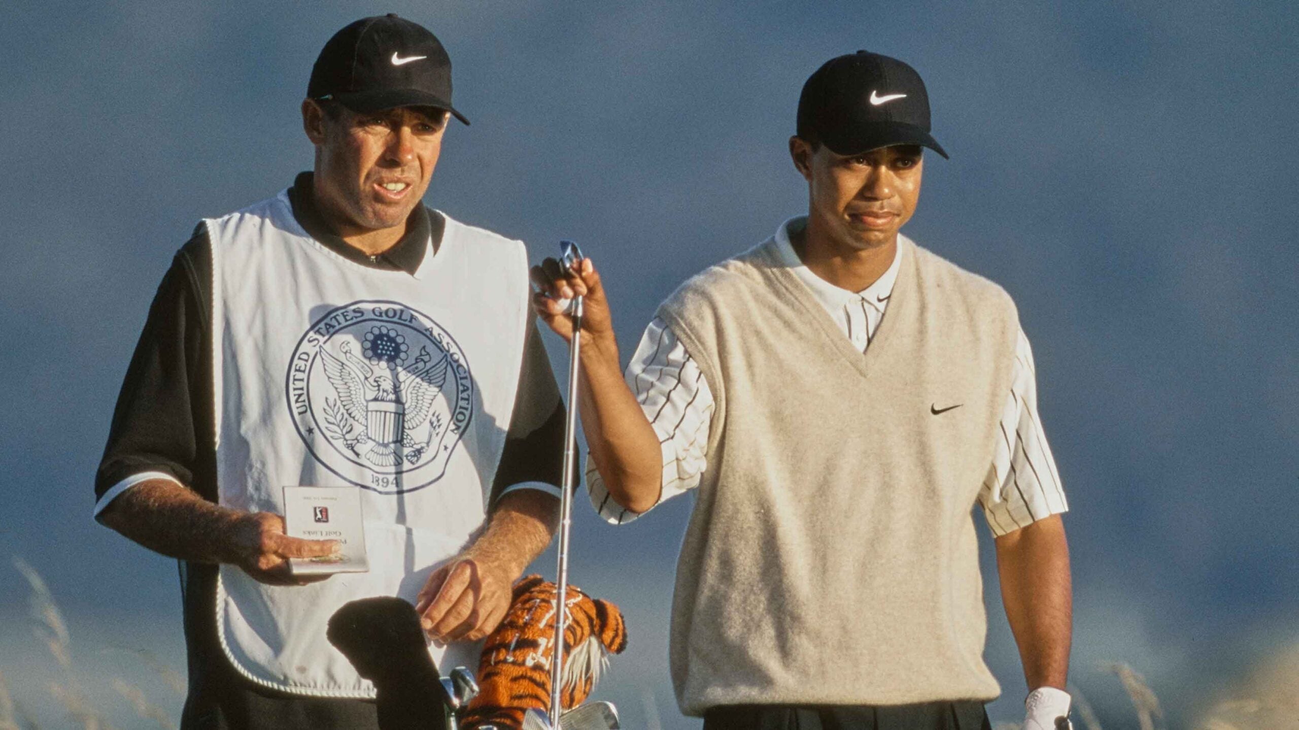 Tiger Woods from the United States is on the tee with caddy Steve Williams during the 100th U.S. Open golf tournament at Pebble Beach on June 17, 2000 superior