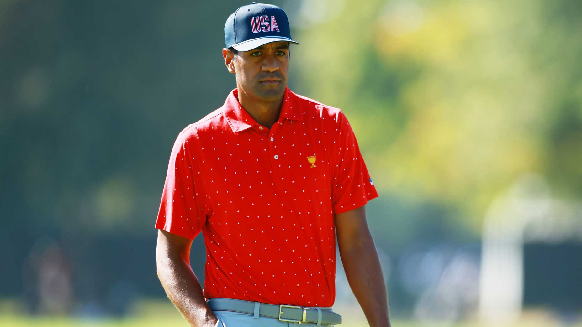 PGA Tour pro Tony Finau walks to the second green during Sunday Singles on day four of the 2024 Presidents Cup at The Royal Montreal Golf Club.