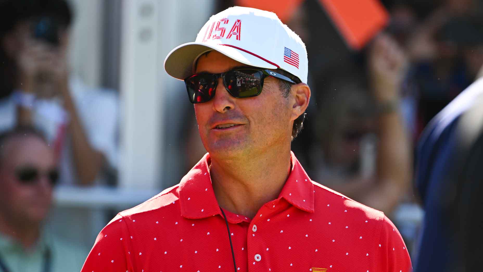 Kevin Kisner U.S. Team Captain's Assistant looks on while at the first tee during Singles Matches on day four of the 2024 Presidents Cup at The Royal Montreal Golf Club on September 29, 2024 in Montreal, Quebec. (