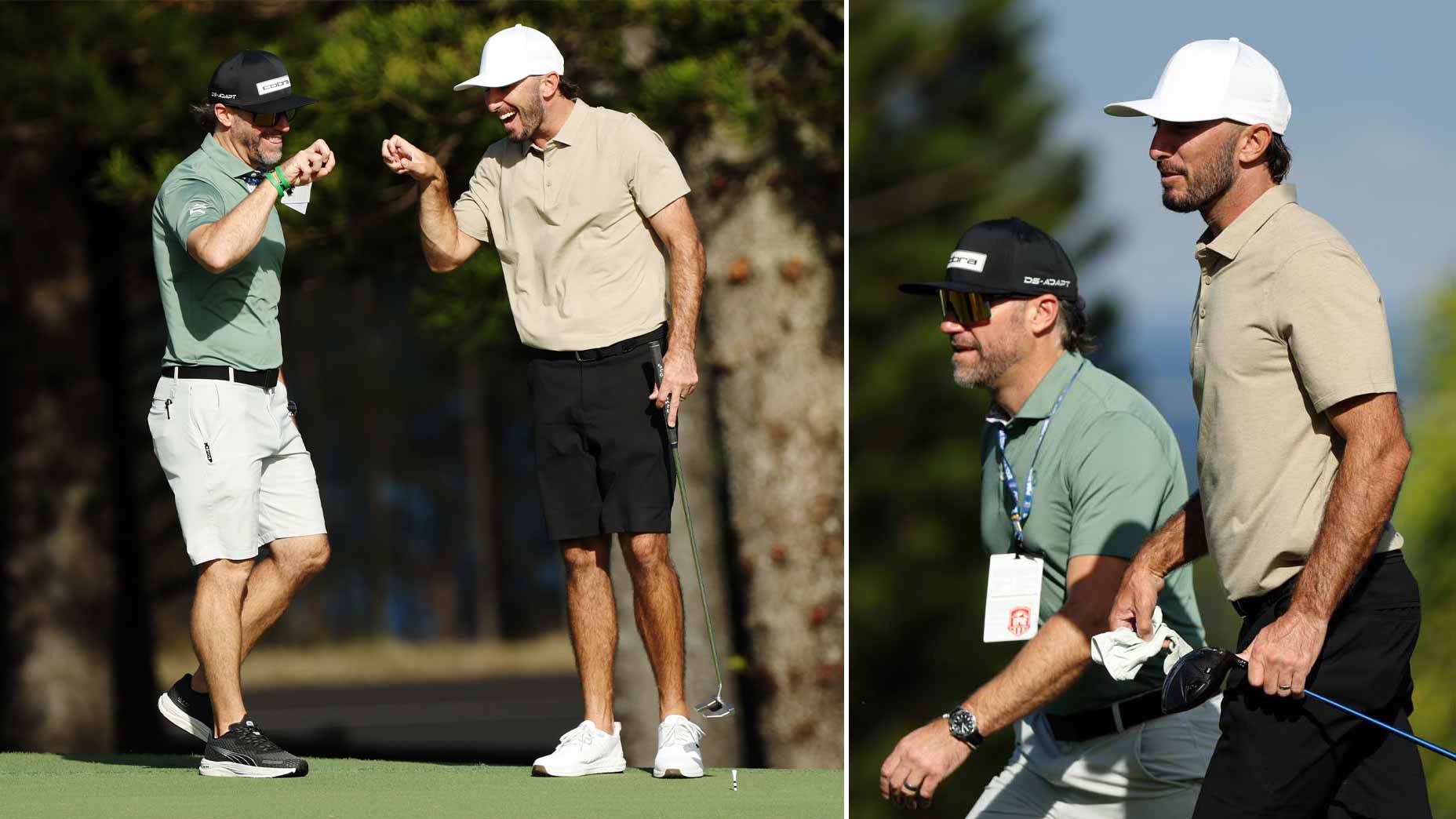 Two images of Max Homa with Ben Schomin at Kapalua.