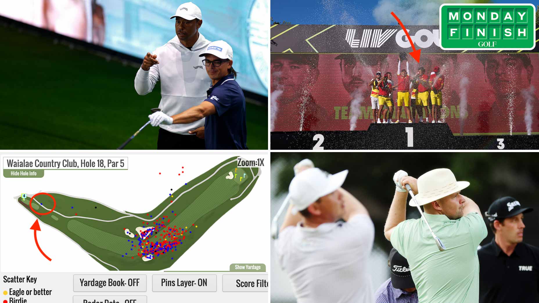 Tiger Woods and Rickie Fowler, LIV's Fireballs including now-ex-Fireball Eugenio Chacarra, Harry Hall (in green) and some tee shots from No. 18 at the Sony Open.