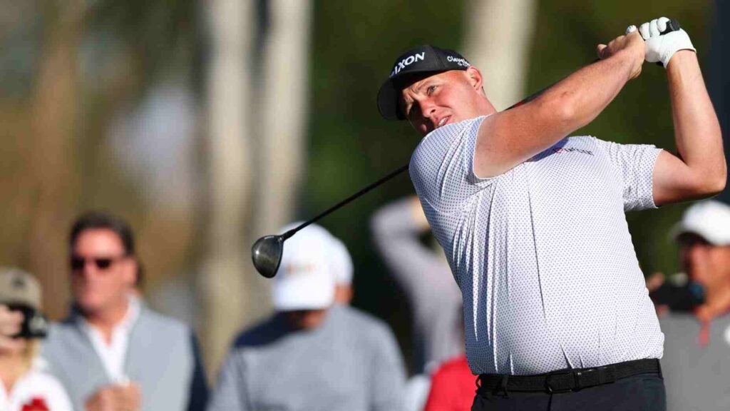 Sepp Straka hits a drive during the third round of the American Express.