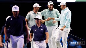 Wyndham Clark, Shane Lowry and Ludvig Aberg of The Bay Golf Club celebrate after winning the sixth hole during their TGL presented by SoFi match against the New York Golf Club at SoFi Center