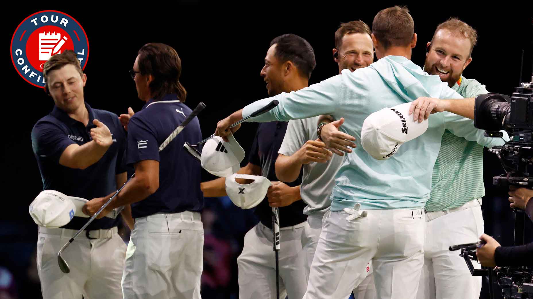 NYGC and The Bay GC exchange hugs and handshakes after the inaugural TGL match