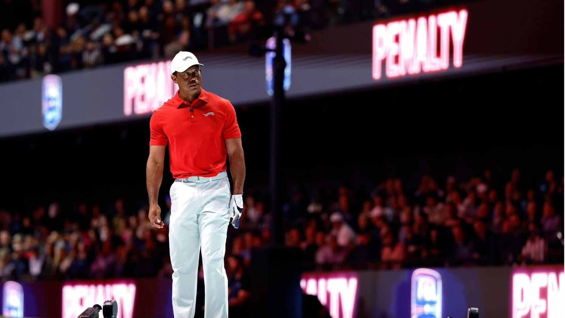 Tiger Woods reacts to a tee shot during a TGL match against Los Angeles Golf Club.