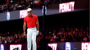 Tiger Woods reacts to hitting a shot into the hazard during a TGL match against Los Angeles Golf Club.