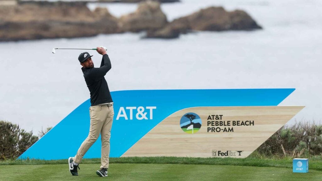 Tony Finau hits a tee shot on the fourth hole during the second round of the AT&T Pebble Beach Pro-Am 2025 at Pebble Beach Golf Links on January 31, 2025 in Pebble Beach, California.