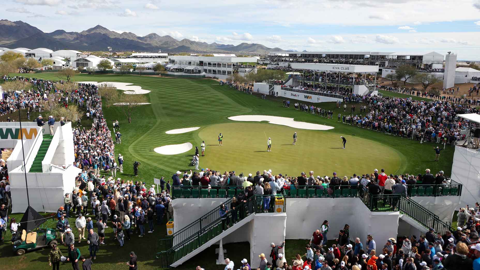 A general view of the is seen as Scottie Scheffler of the United States putts on the tenth green during the second round of the WM Phoenix Open at TPC Scottsdale on February 09, 2024 in Scottsdale, Arizona.