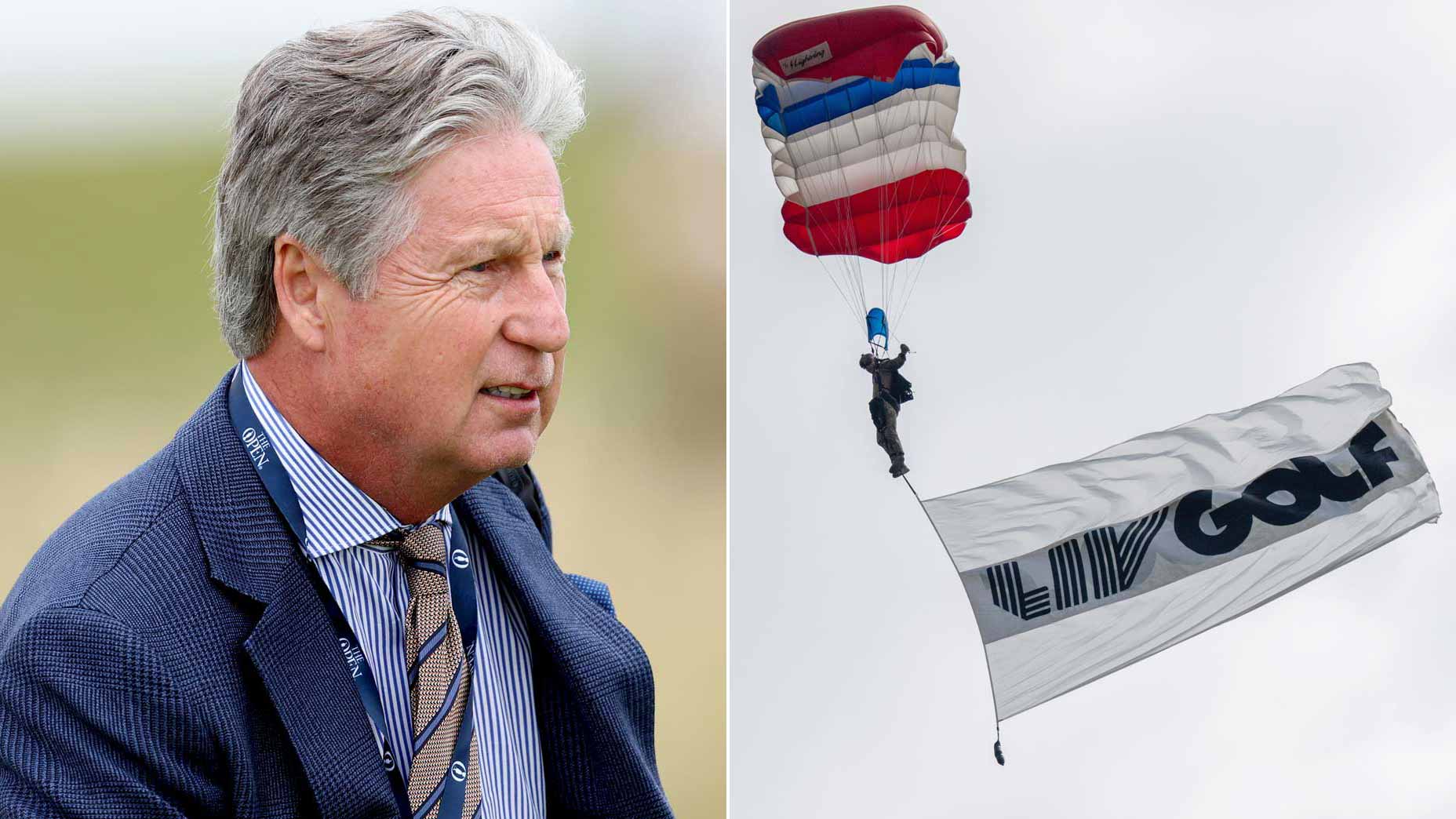 Golf Chanel analyst Brandel Chamblee and a photo of a parachutist with a LIV Golf flag