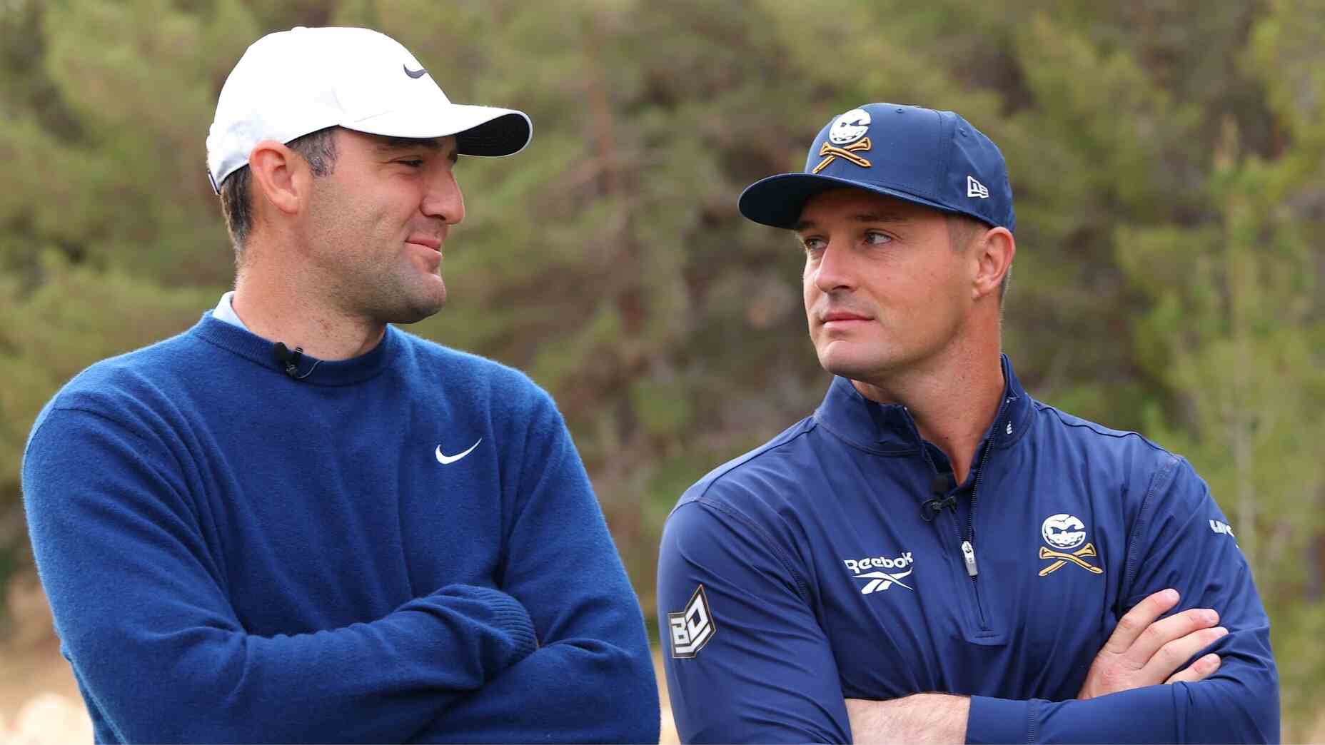 Bryson DeChambeau and Scottie Scheffler interact before the Crypyo.com Showdown.