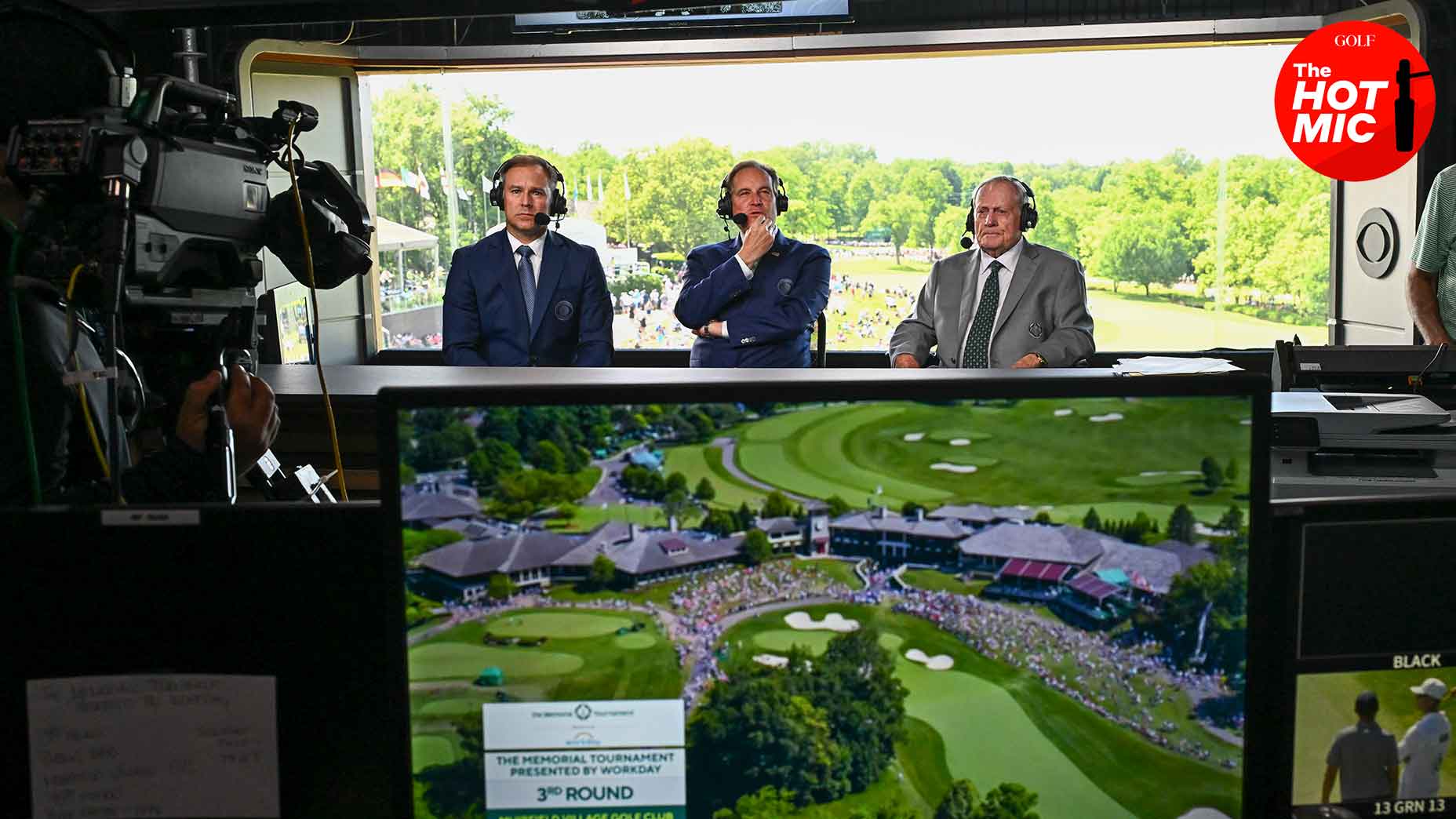 jim nantz, trevor immelman and jack nicklaus stare out at the cbs broadcast booth at the memorial tournament in suits