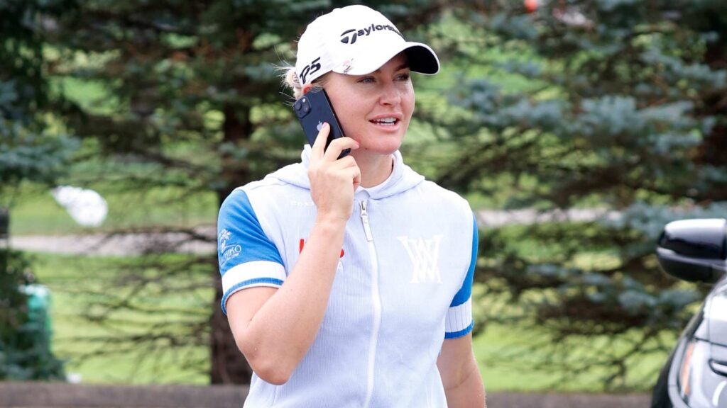 LPGA player Charley Hull, pictured on her cell phone the 2023 Kroger Queen City Championship, has thoughts on the TikTok ban in the U.S.