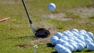 A detailed close up LPGA golfer Nelly Korda's club contact with the ball while hitting irons on the practice range on November 15, 2024, during the second round of the LPGA The ANNIKA driven by Gainbridge at Pelican Golf Club in Belleair, Florida.