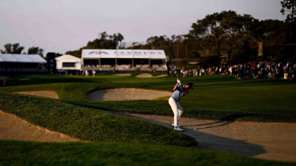 Harris English hits a shot at the 2025 Farmers Insurance Open.