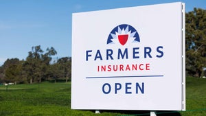 A Farmers Insurance Open sign during the second round of the 2024 Farmers Insurance Open at Torrey Pines Golf Course.