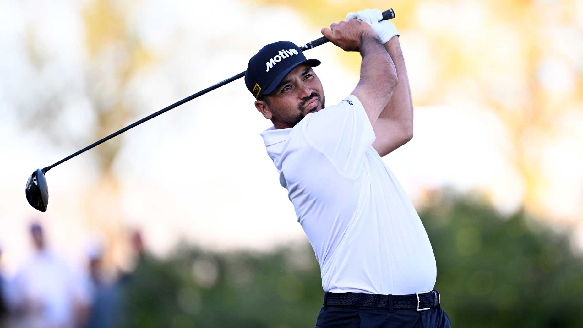 PGA Tour pro Jason Day plays his shot from the 18th tee after final-round tee time during the 2025 American Express 2025 at Pete Dye Stadium Course on January 19, 2025 in La Quinta, California.