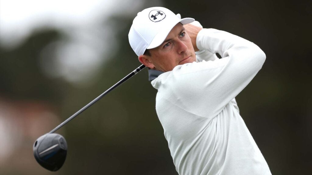 Jordan Spieth hits a shot during his practice round at the 2025 AT&T Pebble Beach Pro-Am