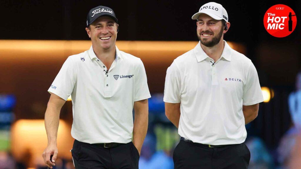 Justin Thomas and Patrick Cantlay laugh at the TGL's week 3 matchup in white shirts