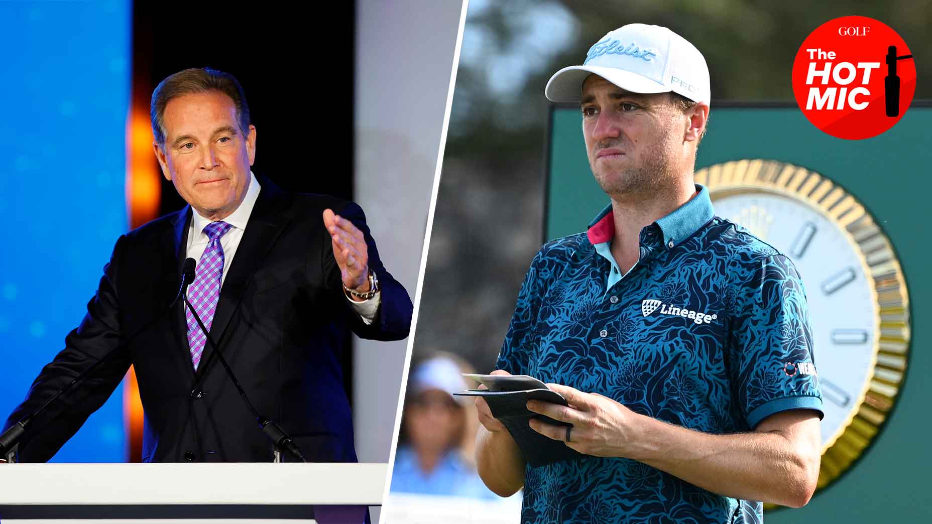 jim nantz points out at a crowd during a speech split from an image of Justin Thomas staring at a yardage book with a hot mic logo