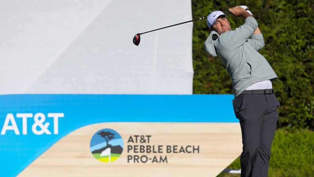 PGA Tour pro Scottie Scheffler tees off during the second round of the 2024 AT&T Pebble Beach Pro-Am at Pebble Beach Golf Links.