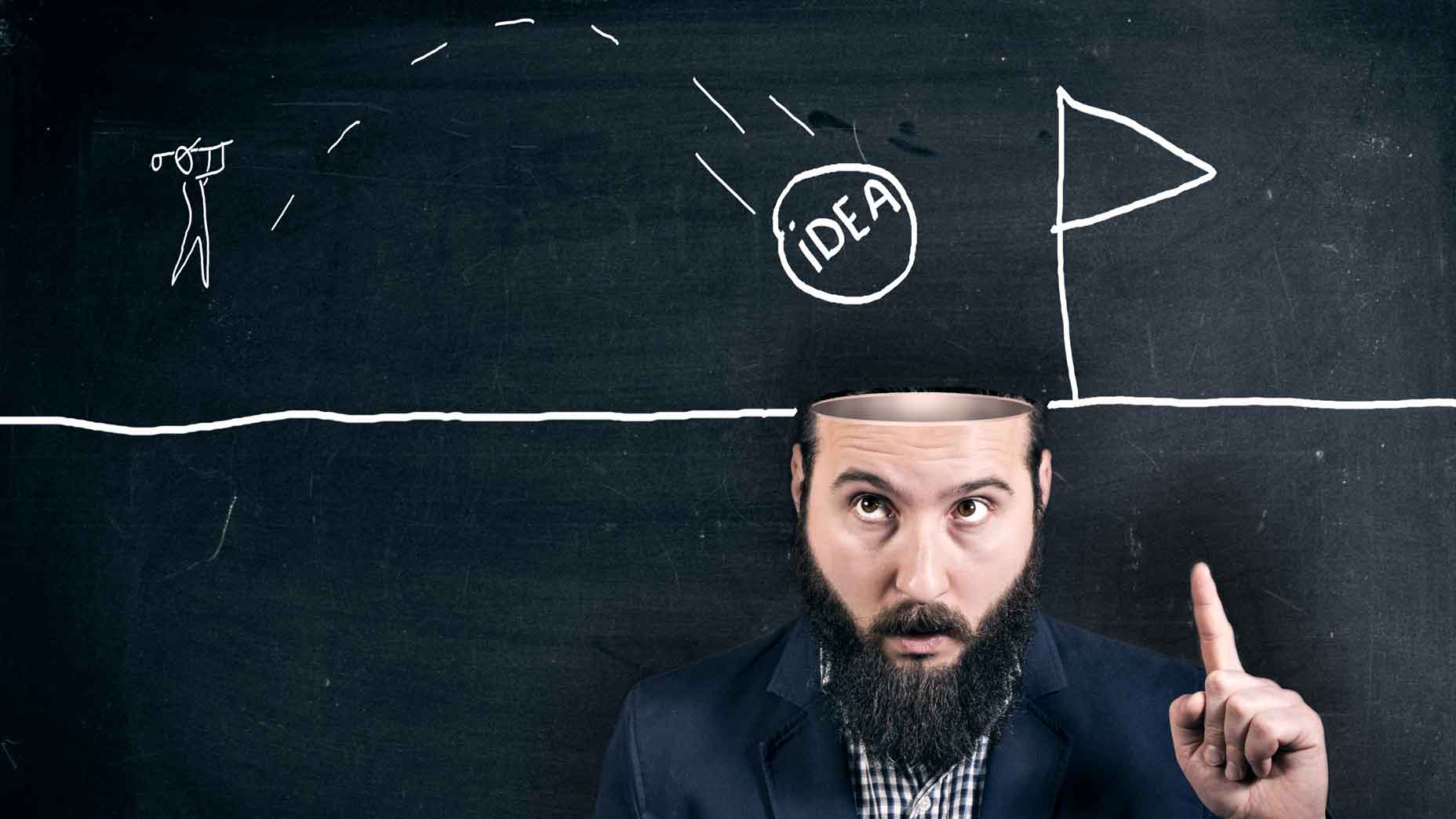 man with open head and golf drawing on chalboard behind