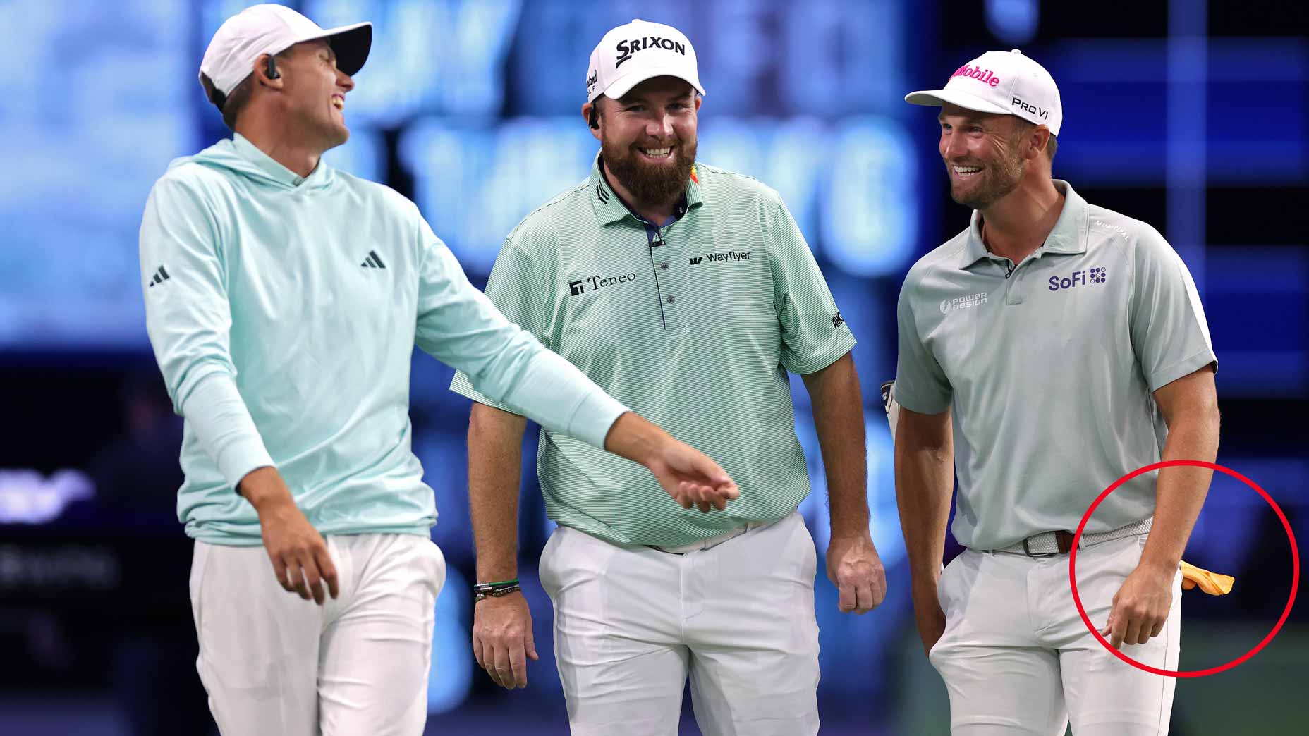 TGL golf pros Ludvig Aberg, Shane Lowry and Wyndham Clark of The Bay Golf Club react during their 2025 TGL match against the New York Golf Club at SoFi Center.