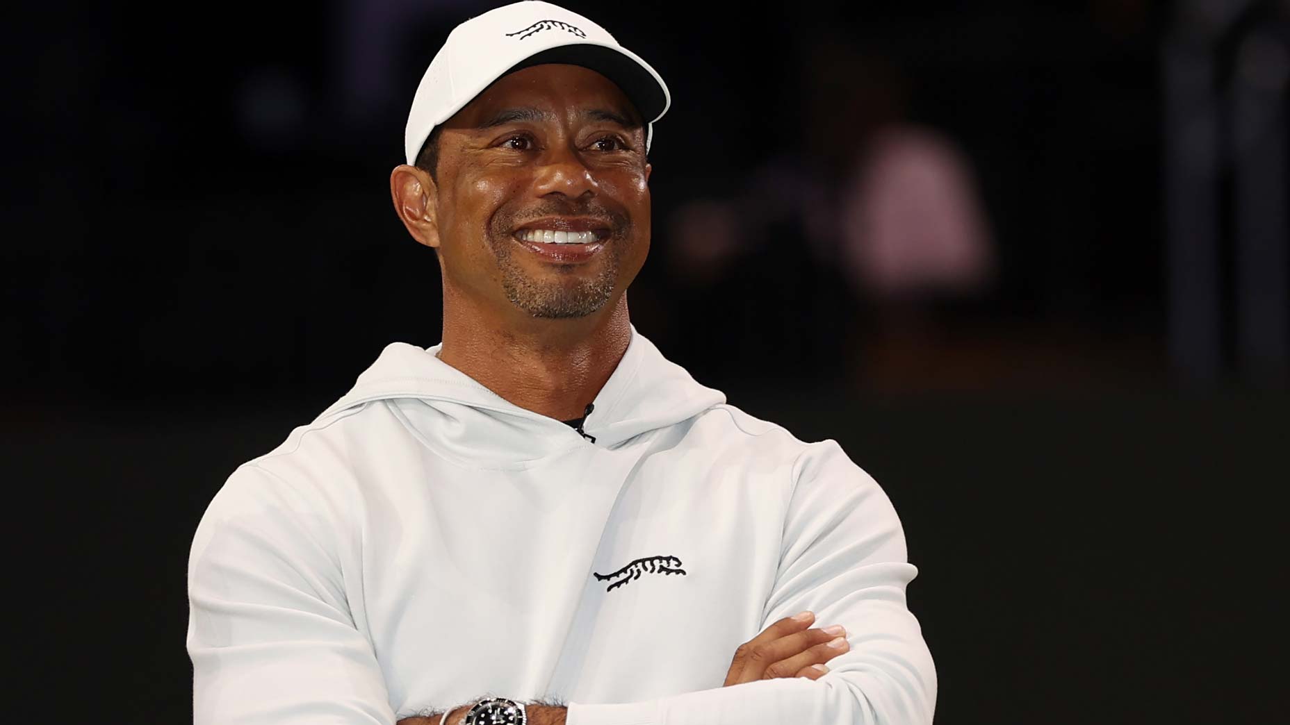 Tiger Woods looks on before the first 2025 TGL presented by SoFi match between the New York Golf Club and The Bay Golf Club at SoFi Center.