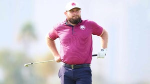 Tyrrell Hatton reacts after a shot in the third round of the Hero Dubai Desert Classic.