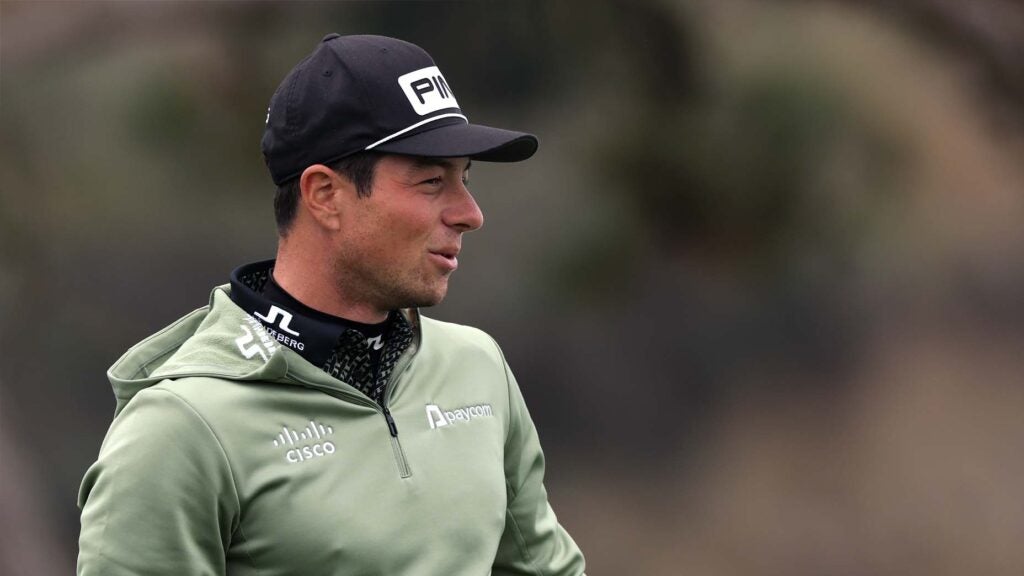 Viktor Hovland looks on during the first round of the 2025 Pebble Beach Pro-Am.