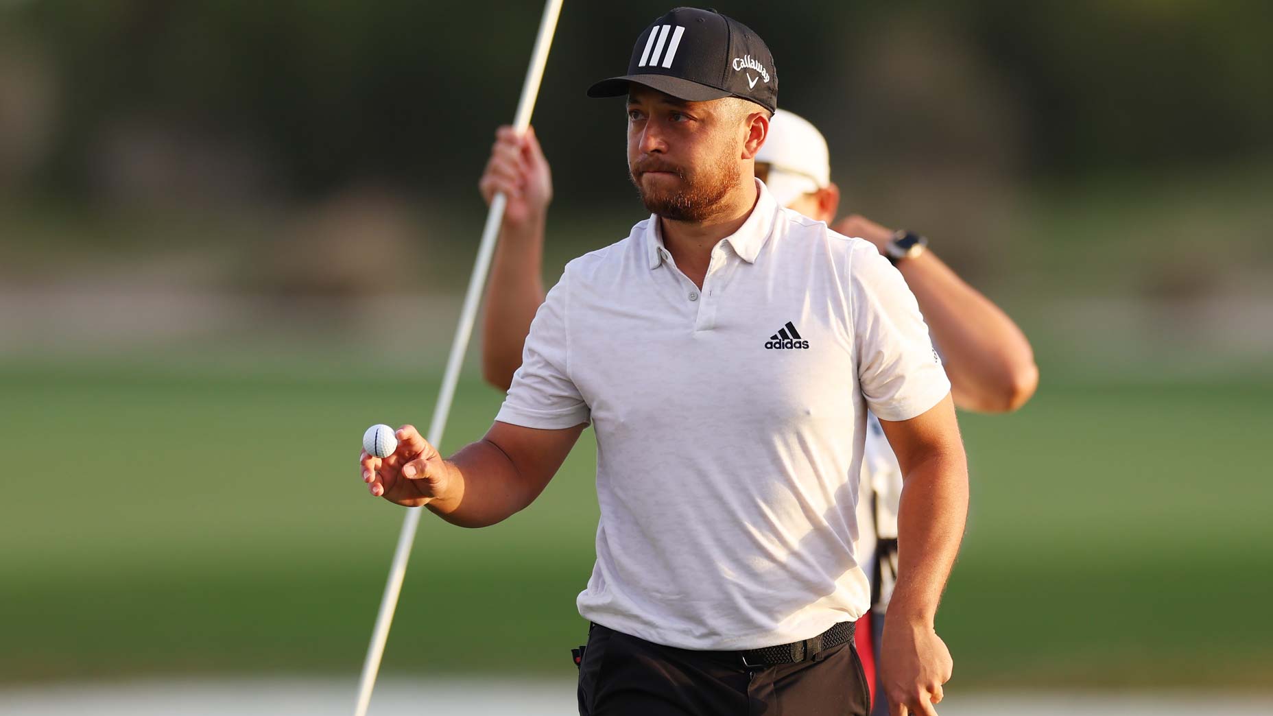 PGA Tour pro Xander Schauffele plays his shot from the 18th tee during the second round of the 2025 Sentry at the Plantation Course at Kapalua Golf Club.