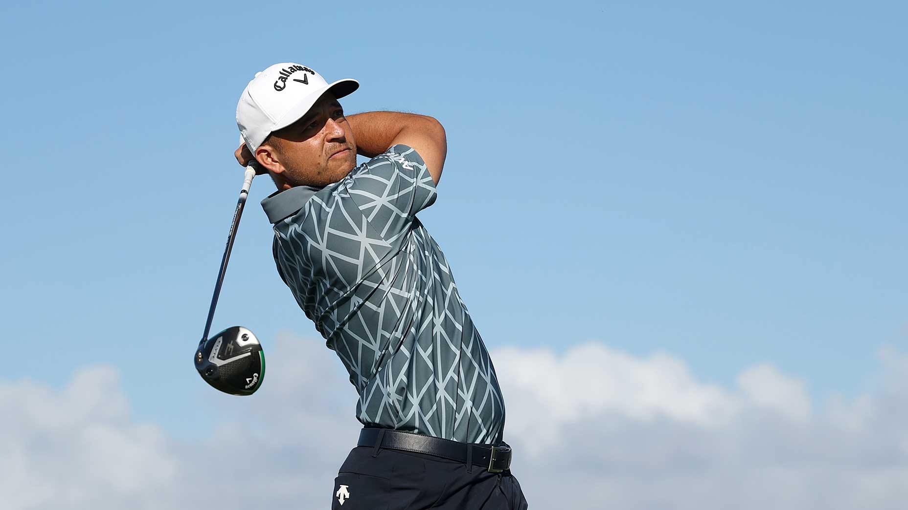 Xander Schauffele tees off during a practice round ahead of the 2025 Sentry on the Plantation Course at Kapalua in Maui.